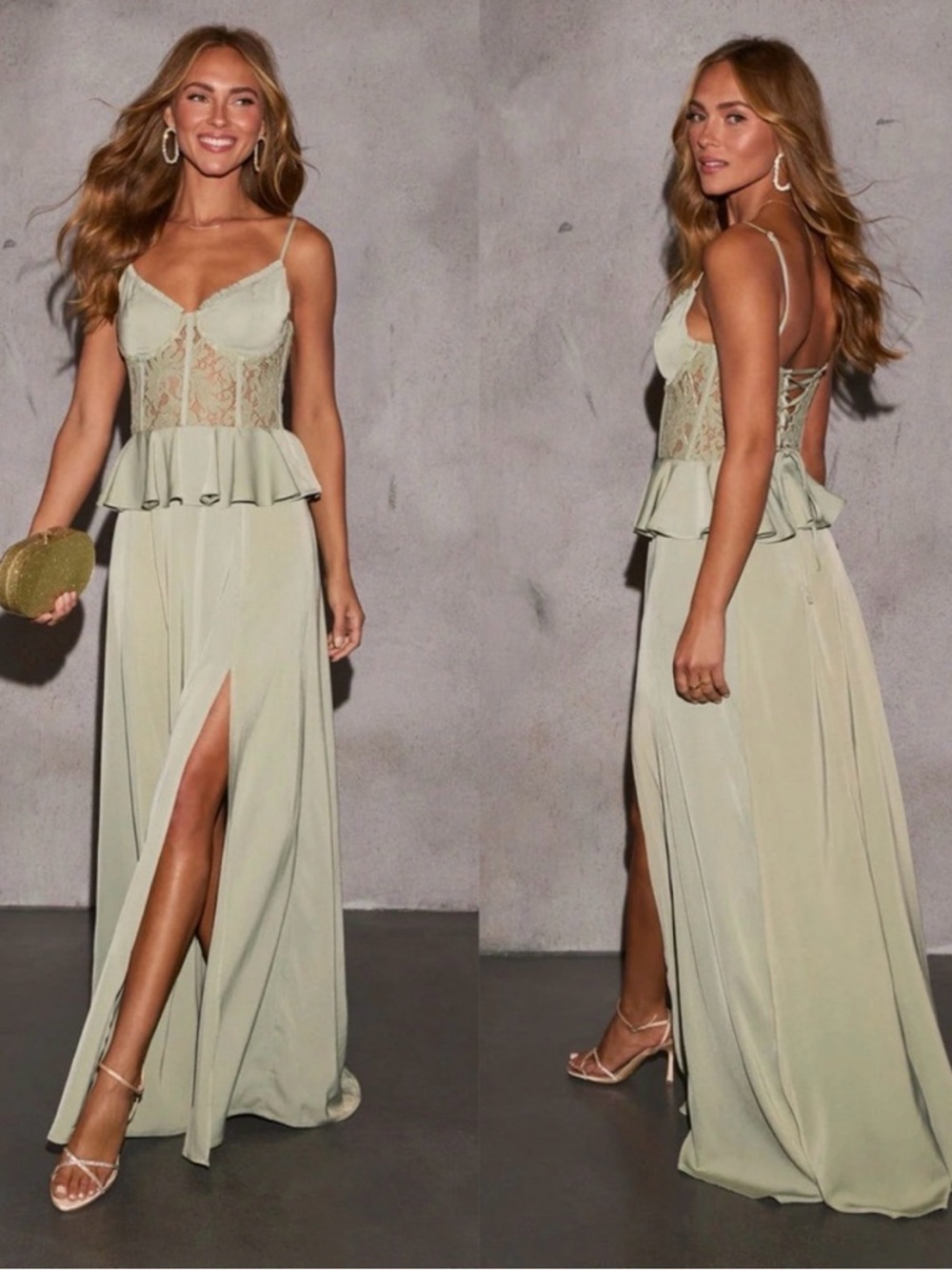 Vici Sage Green Lace-Trim Maxi Dress